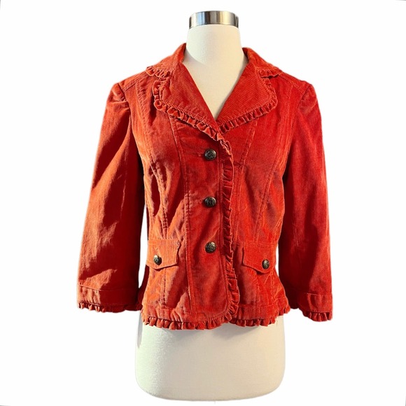SANDRO Corduroy Jacket Blazer Cotton Red Collar Long Sleeve Ruffle Trim Small - Picture 1 of 9